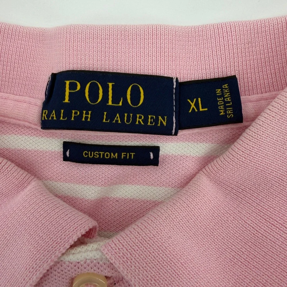 Polo Ralph Lauren Polo Shirt Mens XL Pink White Striped‎ Custom Fit Short Sleeve